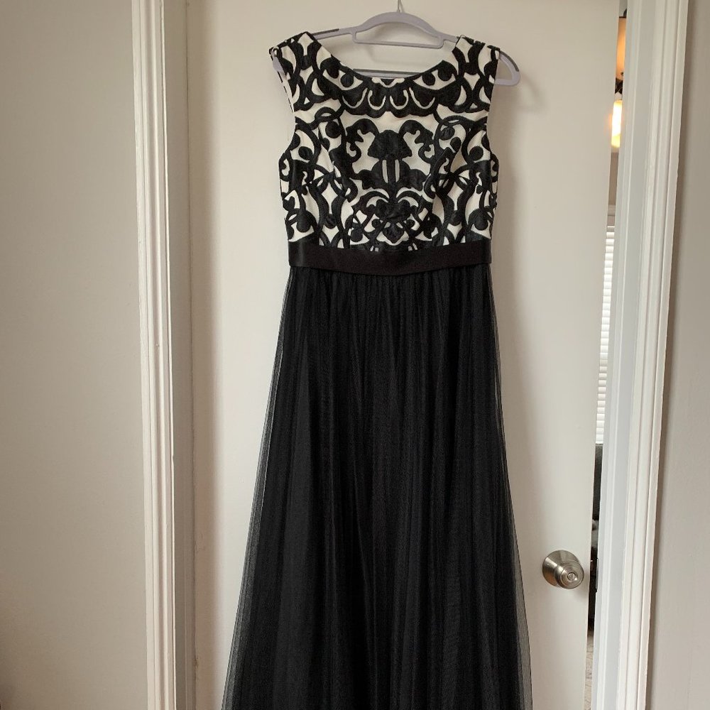 Aidan Mattox Black and Ivory Embroidered Tulle Prom Gown
